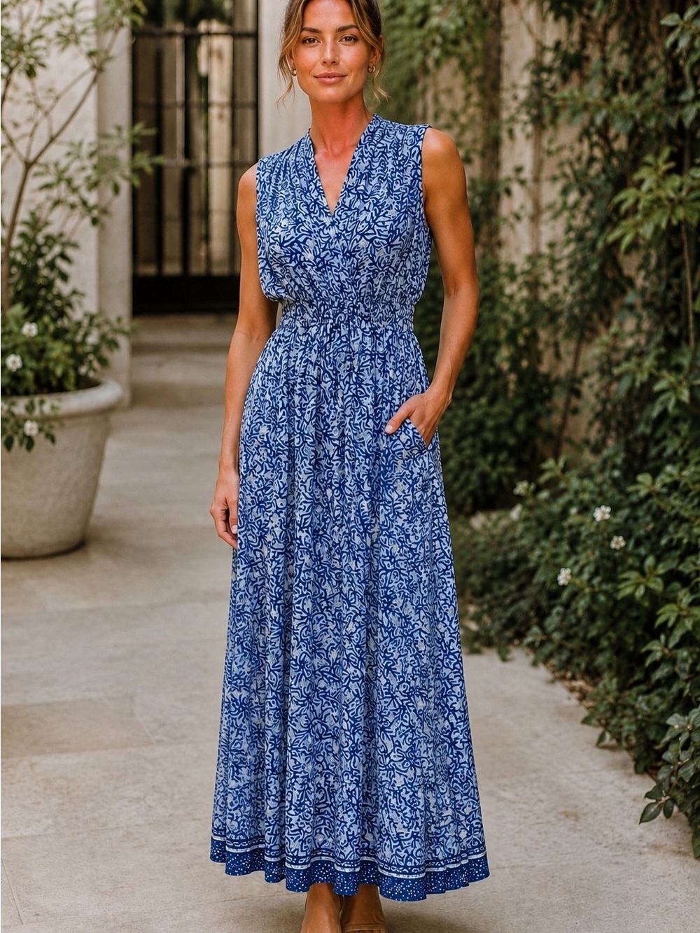 NWT $358 Natalie Martin Silk Maxi Dress Nico Sleeveless Pockets Women S Blue Wra